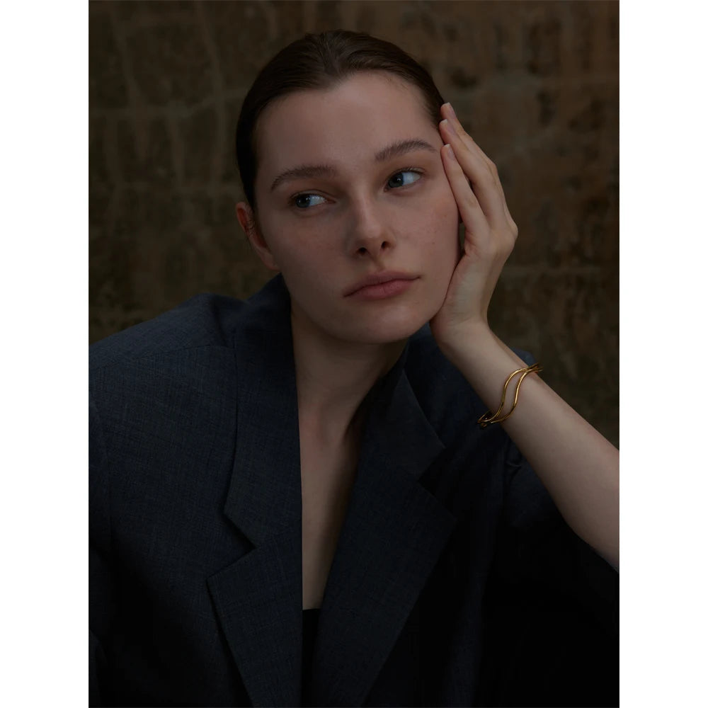 YHPUP Bracelet Manchette Réglable en Acier Inoxydable – Double Couche Creuse, Minimaliste et Élégant, Bijou Cadeau pour Femme