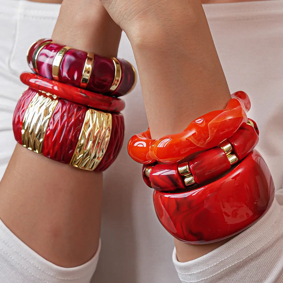 Bracelets Élastiques Géométriques en Résine Acrylique Rouge
