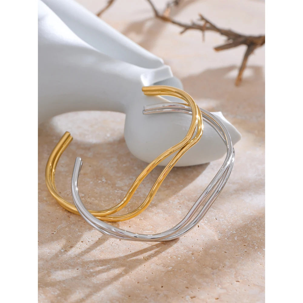 YHPUP Bracelet Manchette Réglable en Acier Inoxydable – Double Couche Creuse, Minimaliste et Élégant, Bijou Cadeau pour Femme
