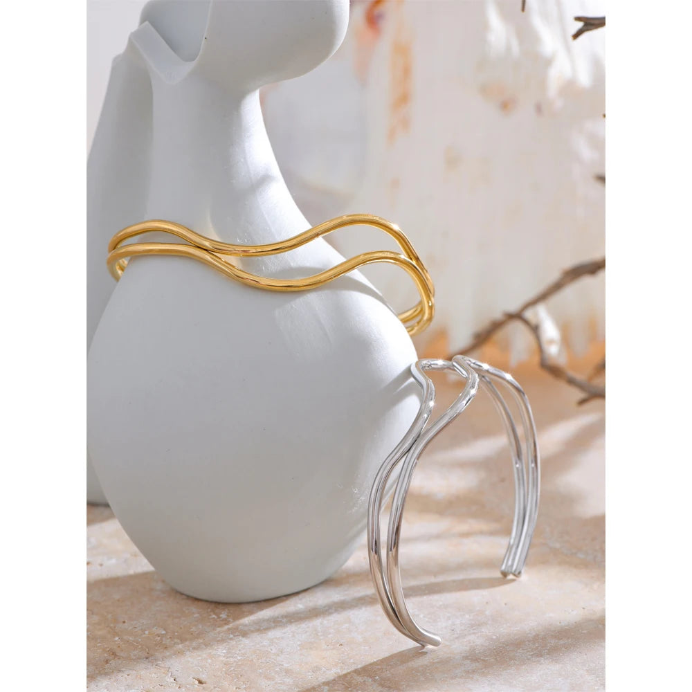 YHPUP Bracelet Manchette Réglable en Acier Inoxydable – Double Couche Creuse, Minimaliste et Élégant, Bijou Cadeau pour Femme