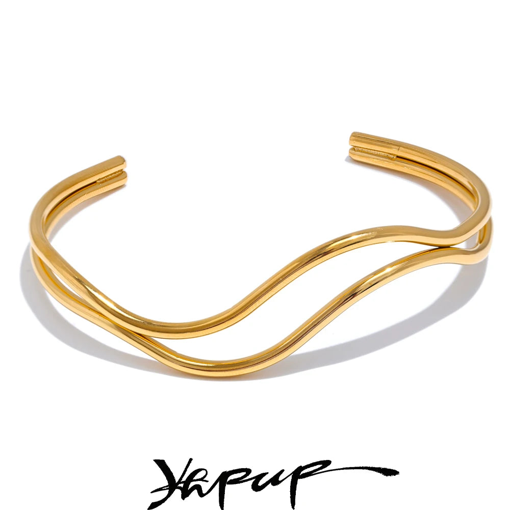 YHPUP Bracelet Manchette Réglable en Acier Inoxydable – Double Couche Creuse, Minimaliste et Élégant, Bijou Cadeau pour Femme