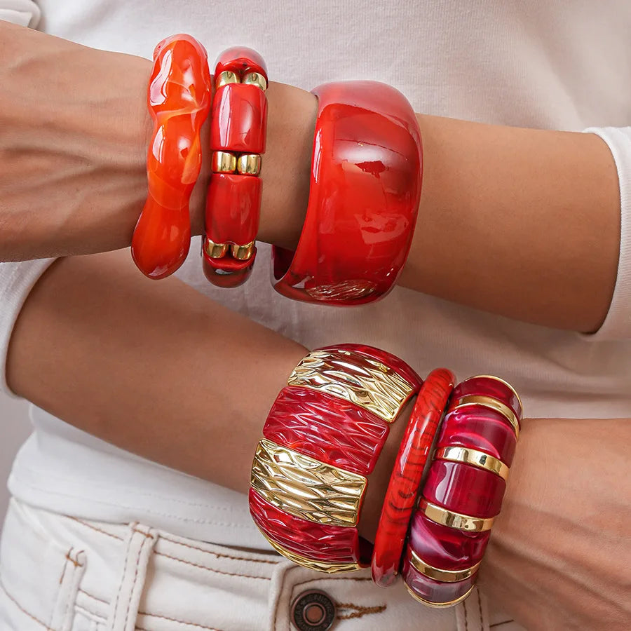 Bracelets Élastiques Géométriques en Résine Acrylique Rouge