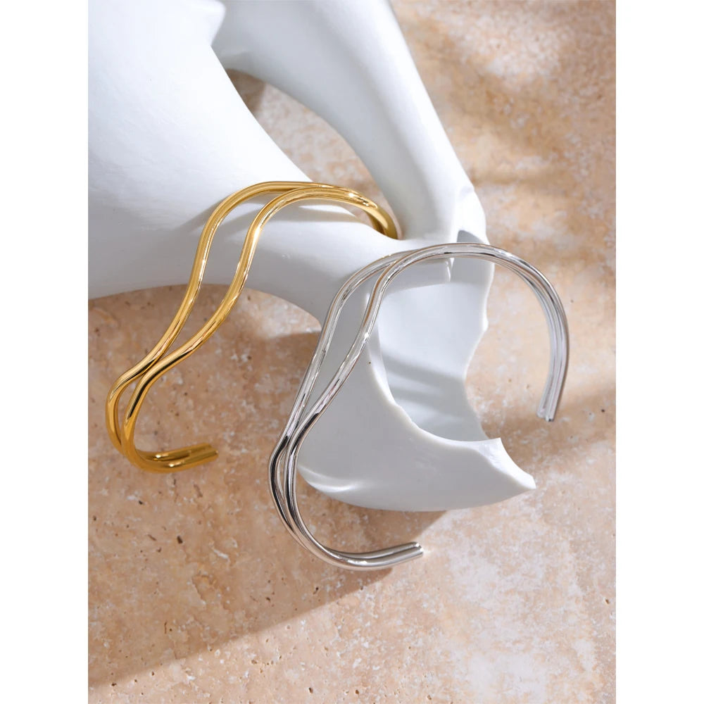 YHPUP Bracelet Manchette Réglable en Acier Inoxydable – Double Couche Creuse, Minimaliste et Élégant, Bijou Cadeau pour Femme
