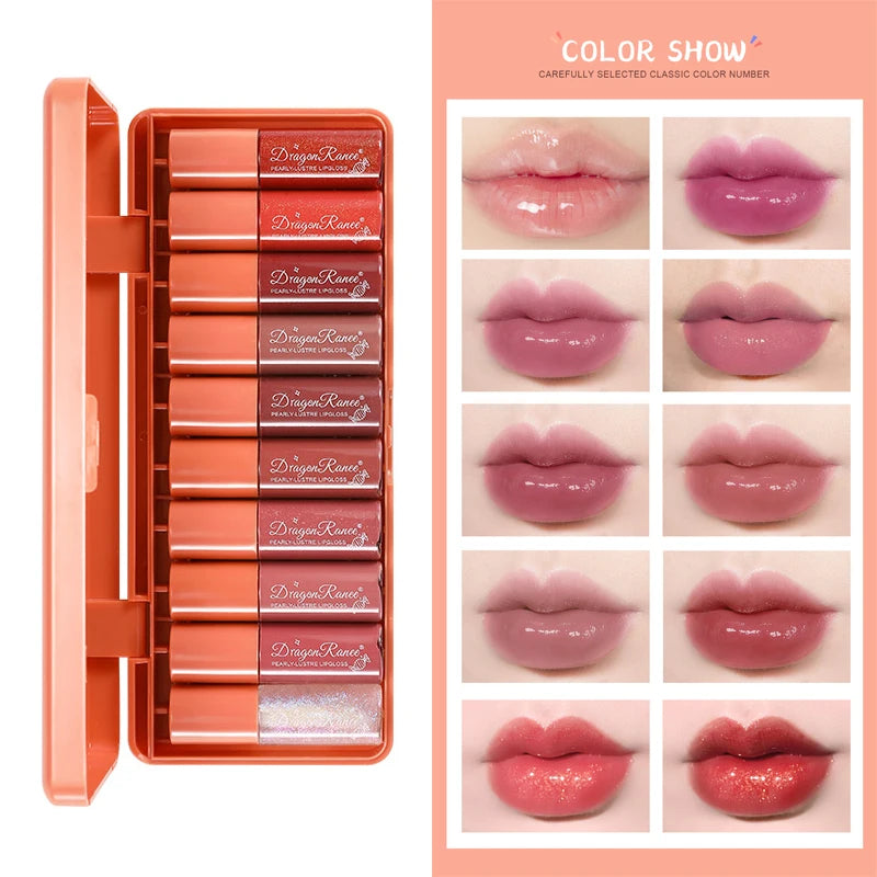 Ensemble de rouge à lèvres compact 10 couleurs, liquide, étanche, antiadhésif, longue durée 24 heures, miroir, brillant, cosmétique, maquillage, soins