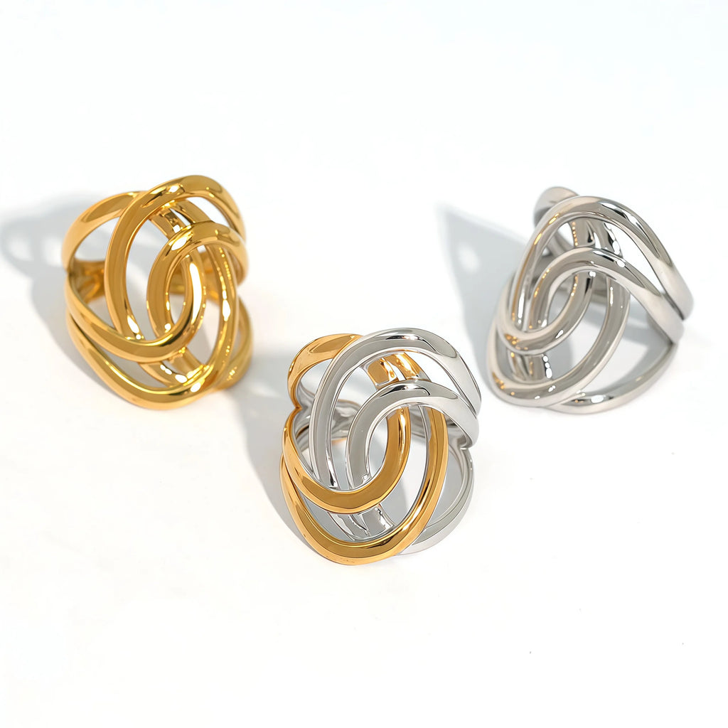 Anneau Large Géométrique Doré en Acier Inoxydable – Bijou Élégant, Étanche et Quotidien pour Femmes