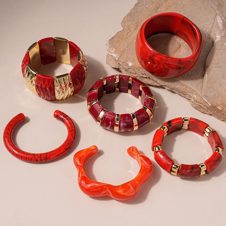 Bracelets Élastiques Géométriques en Résine Acrylique Rouge