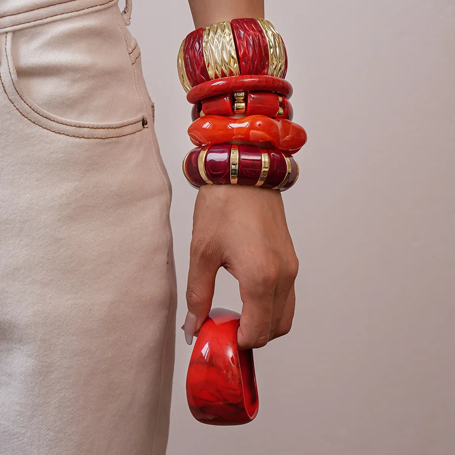 Bracelets Élastiques Géométriques en Résine Acrylique Rouge